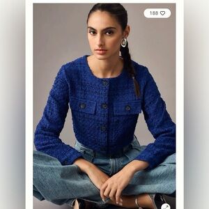 Anthropologie Maeve Cropped Tweed Royal Blue Jacket Size XL